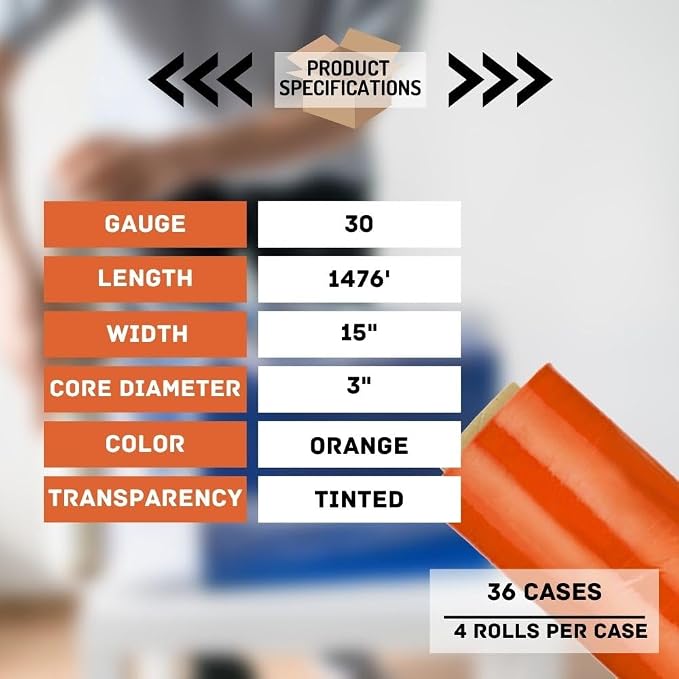 PSBM Orange Stretch Wrap, 15 Inch x 1476 Feet, 144 Pack, Tinted Pre-Stretched - Image 3