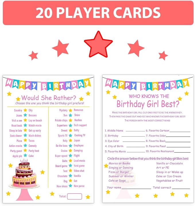 Birthday Party Games Set for Girls- 20 Birthday Double Sided Games Cards Set- - Image 3