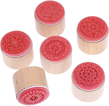 DECORA 6 Pieces Floral Pattern Round Wooden Rubber Stamp - Image 2