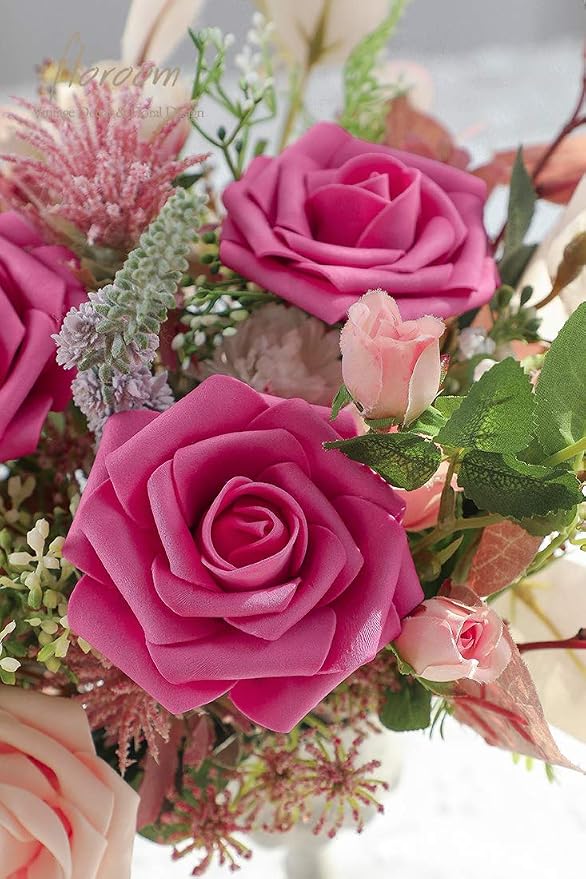 Floroom Artificial Flowers 50pcs Real Looking Hot Pink Foam Fake Roses - Image 3