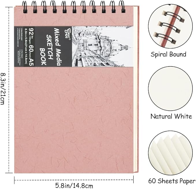 8.3x5.8 Sketch Book, Top Spiral Bound Sketch Pad, 60sheets 92lb/150gsm Nature - Image 2