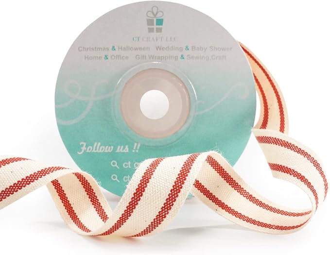 CT CRAFT LLC Ivory Cotton Red Stripes Ribbon 5/8" x 10 Yards - Image 3