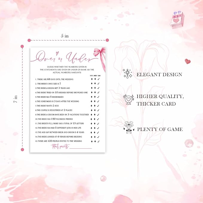 Bridal Shower Games Cards, Guess Over or Under, Bridal Shower Games 25 Guests - Image 2