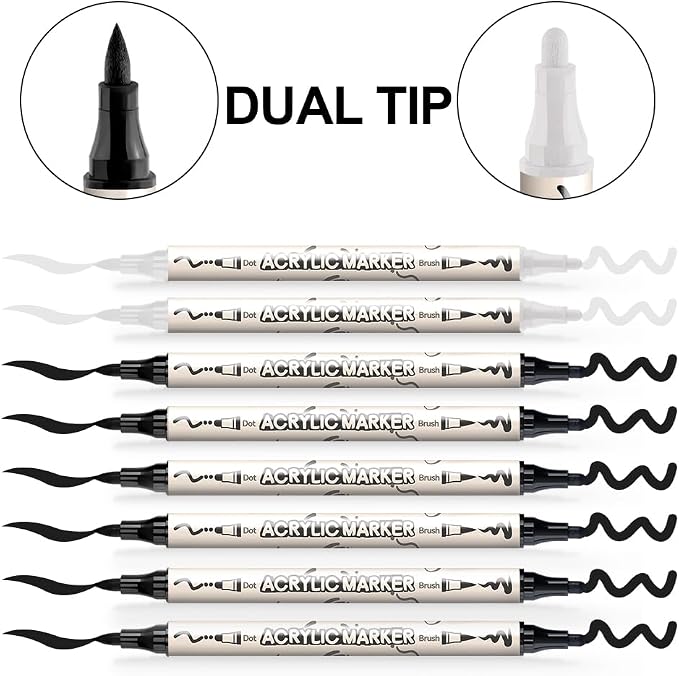 TRANSON 6 Black and 2 White Paint Markers Bold and Brush Dual-tip Acrylic Paint - Image 4