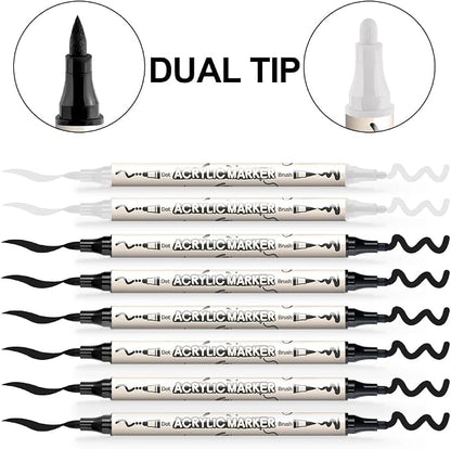TRANSON 6 Black and 2 White Paint Markers Bold and Brush Dual-tip Acrylic Paint - Image 4