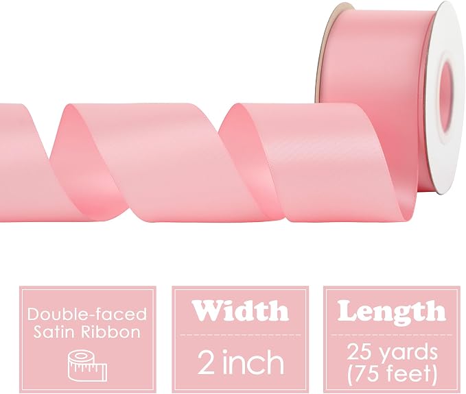 HUIHUANG Pink Satin Ribbon 2 inch Wide Double Faced Satin Ribbon Pink Ribbon - Image 2