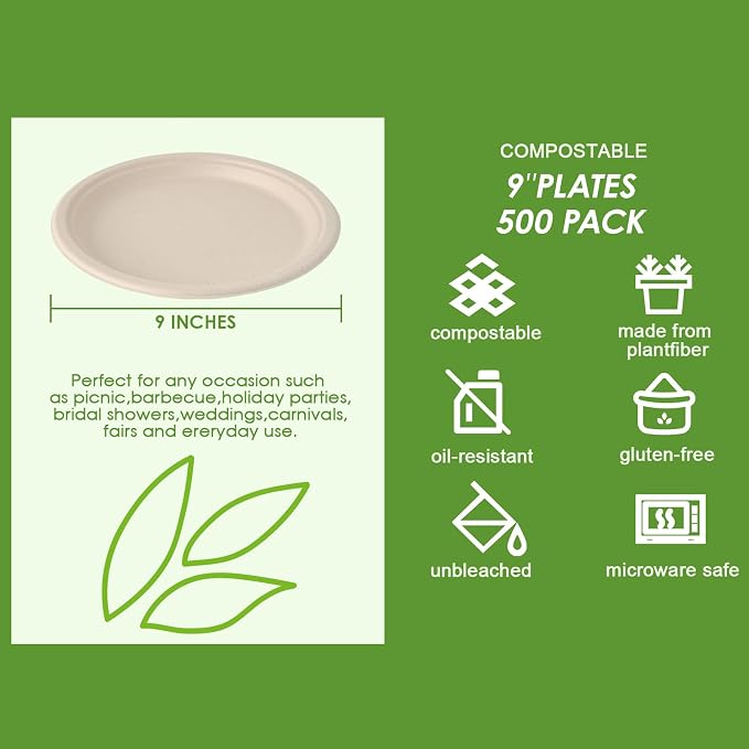 Vplus 500 Pack Paper Plates 9 inch 100% Compostable, Heavy-Duty Disposable - Image 3