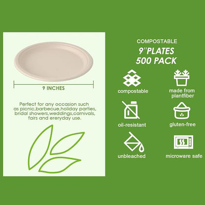 Vplus 500 Pack Paper Plates 9 inch 100% Compostable, Heavy-Duty Disposable - Image 3