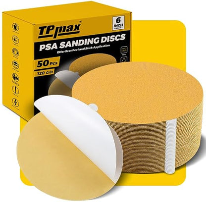 6-Inch 120-Grit Gold PSA Sanding Discs, 50 Pack – Pro-Grade Self-Adhesive by TPmax