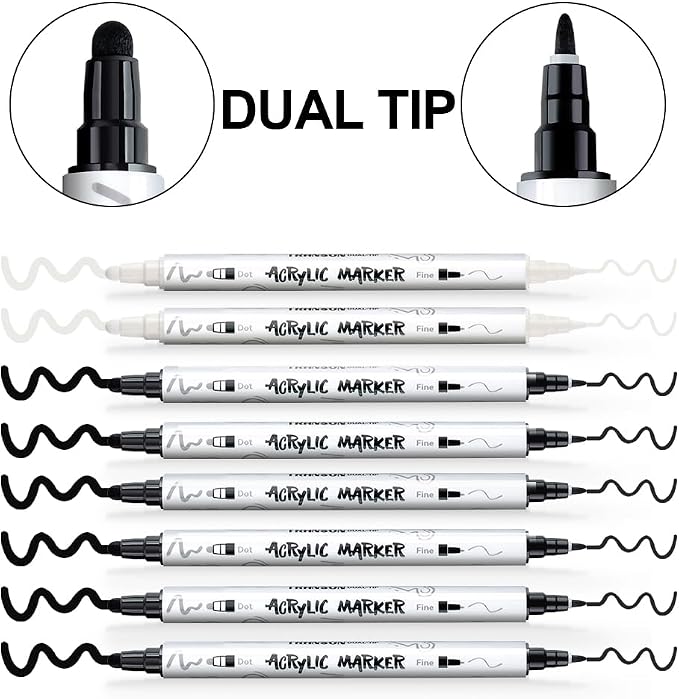 TRANSON 6 Black and 2 White Paint Markers Bold and Fine Dual-tip Acrylic Paint - Image 4