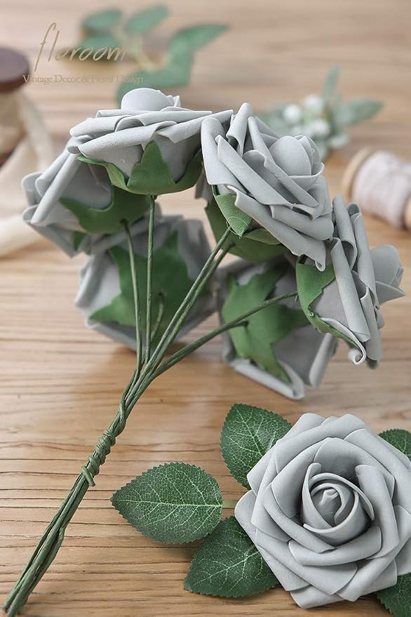 Floroom Artificial Flowers 50pcs Real Looking Silver Grey Foam Fake Roses - Image 2