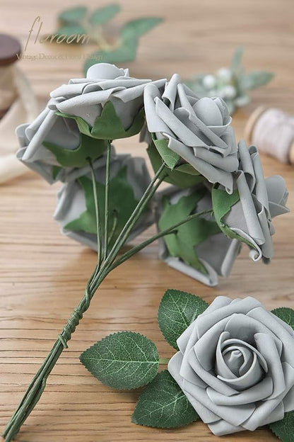 Floroom Artificial Flowers 50pcs Real Looking Silver Grey Foam Fake Roses - Image 2