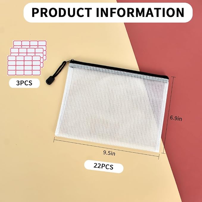 Vuzvuv A5-22 PCS 9.49"x 7.09"Mesh Zipper Pouch Set，Resistant Document File - Image 2