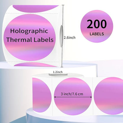 3" Holographic Direct Thermal Label Stickers, Round Printable Rainbow Glitter - Image 2
