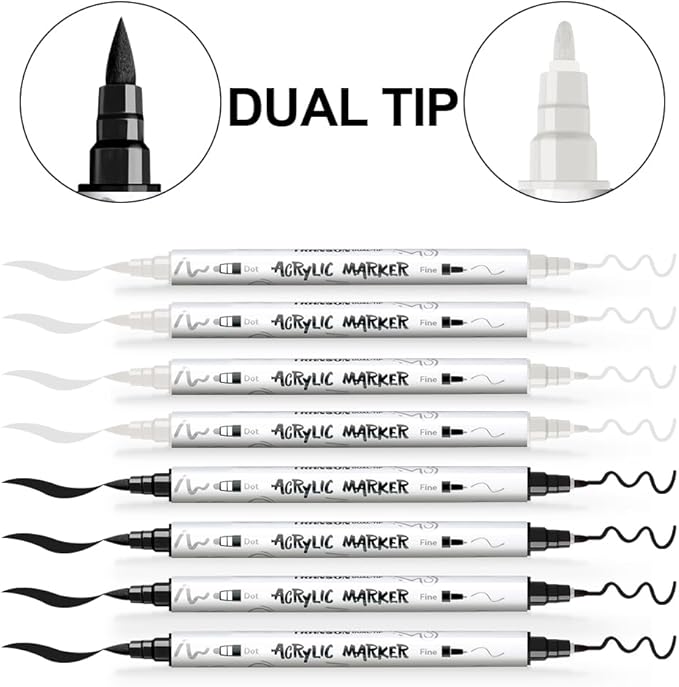 TRANSON 4 Black and 4 White Paint Markers Brush and Fine Dual-tip Acrylic Paint - Image 4