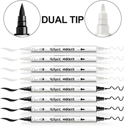 TRANSON 4 Black and 4 White Paint Markers Brush and Fine Dual-tip Acrylic Paint - Image 4
