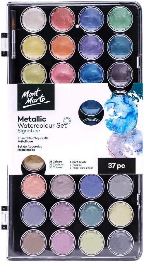 Mont Marte Signature Metallic Watercolor Set, 37 Piece Pearl Paint, 36 Vibrant by MontMarte