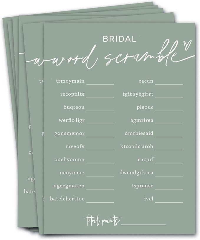 Bridal Shower Games Cards, Bridal Word Scramble, 25 Game Cards by Wybgno
