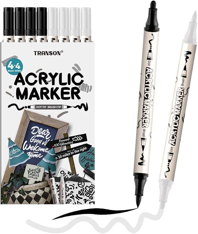 TRANSON 4 Black and 4 White Paint Markers Brush and Bold Dual-tip Acrylic Paint by Transon