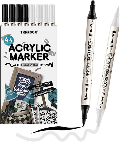 TRANSON 4 Black and 4 White Paint Markers Brush and Bold Dual-tip Acrylic Paint by Transon