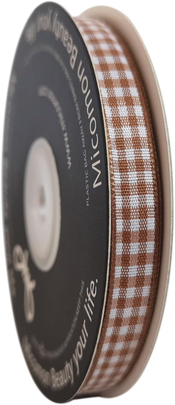 Micomon Khaki and White Woven Edge Plaid Ribbon 100% Polyester Gingham Ribbon - Image 2