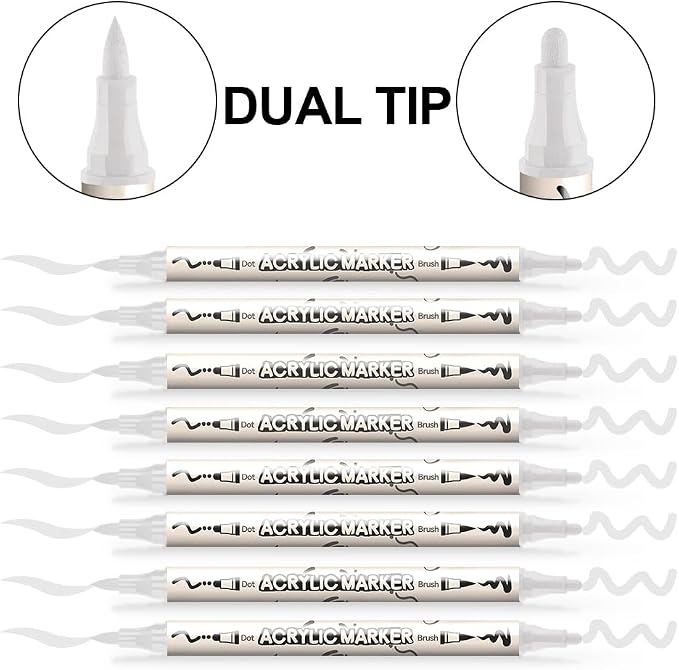 TRANSON 8 Pack White Brush and Bold Dual-tip Acrylic Paint Marker - Image 4