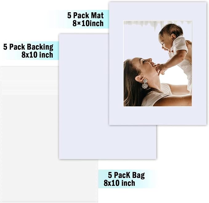 Egofine Pack of 5 White Mat Board Pre-Cut 8x10 Picture Mat - Image 3