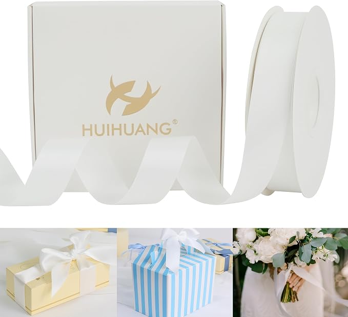 HUIHUANG White Satin Ribbon 1 inch x 50 Yards Double-Faced Polyester Silk Satin by HUIHUANG