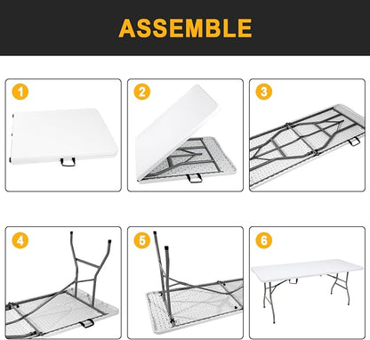 70.8" W X 29" D X 29" H - 6 ft Folding Table White Portable Heavy Duty Plastic - Image 8