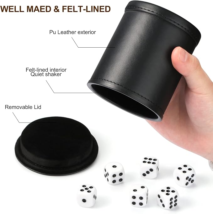 Felt Lined Dice Cup PU Leather Set, Quiet Shaker - Image 3