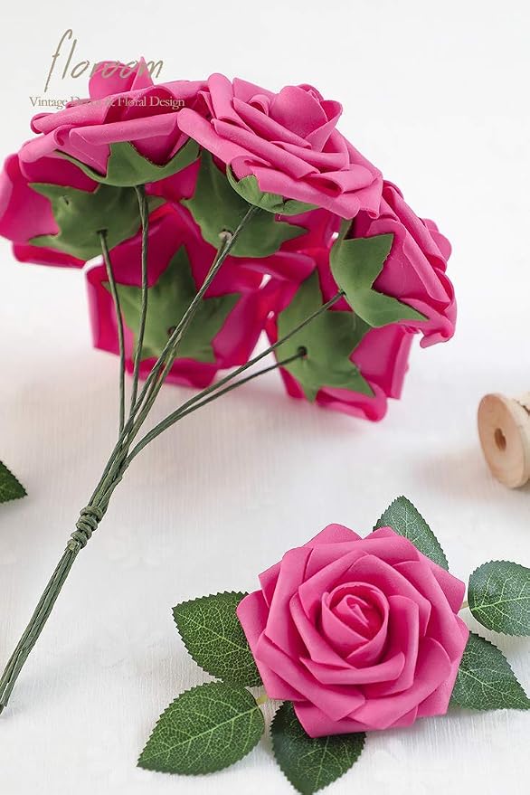 Floroom Artificial Flowers 50pcs Real Looking Hot Pink Foam Fake Roses - Image 6