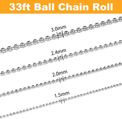 Jishi 33ft Ball Chain 2.4mm Silver Stainless Steel Bead Link Chain Roll - Image 2