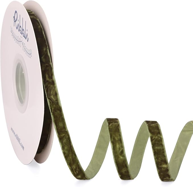 Ribbli Moss Green Velvet Ribbon 3/8 Inches Luxury Crinkled Green Christmas by Ribbli