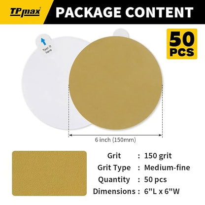 6-Inch 150-Grit Gold PSA Sanding Discs, 50 Pack – Pro-Grade Self-Adhesive - Image 2