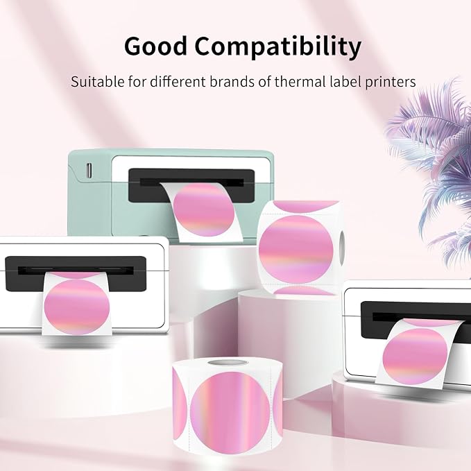 3" Circle Holographic Thermal Label Stickers Pink, Round Printable Rainbow - Image 3