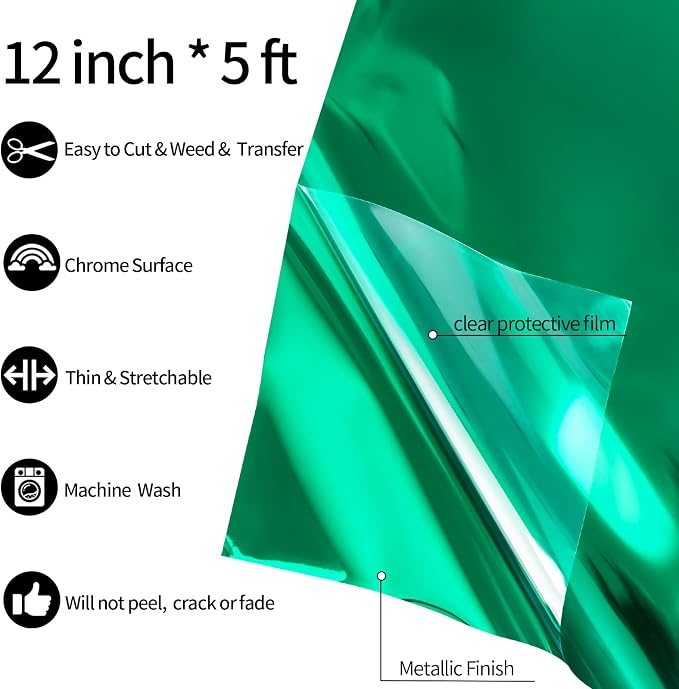 VINYL FROG Metallic Foil HTV Vinyl Roll 12" x5ft Green Chrome Heat Transfer - Image 2