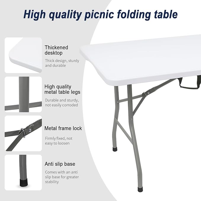 70.8" W X 29" D X 29" H - 6 ft Folding Table White Portable Heavy Duty Plastic - Image 4
