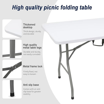 70.8" W X 29" D X 29" H - 6 ft Folding Table White Portable Heavy Duty Plastic - Image 4