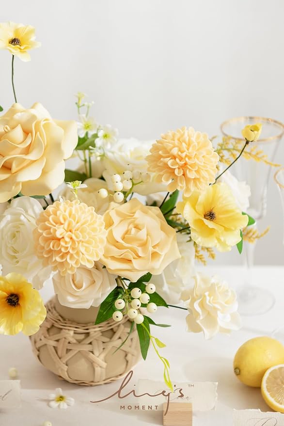 Ling's moment Creamy Yellow Dahlia Foam Artificial Flowers Real Touch Faux Fake - Image 5