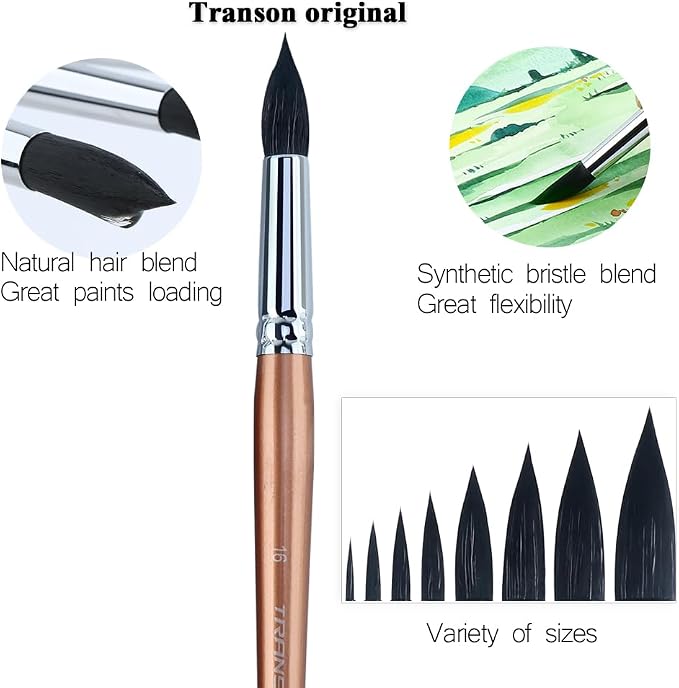 Transon 8pcs Round Watercolor Paint Brush Set Goat Hair - Image 3