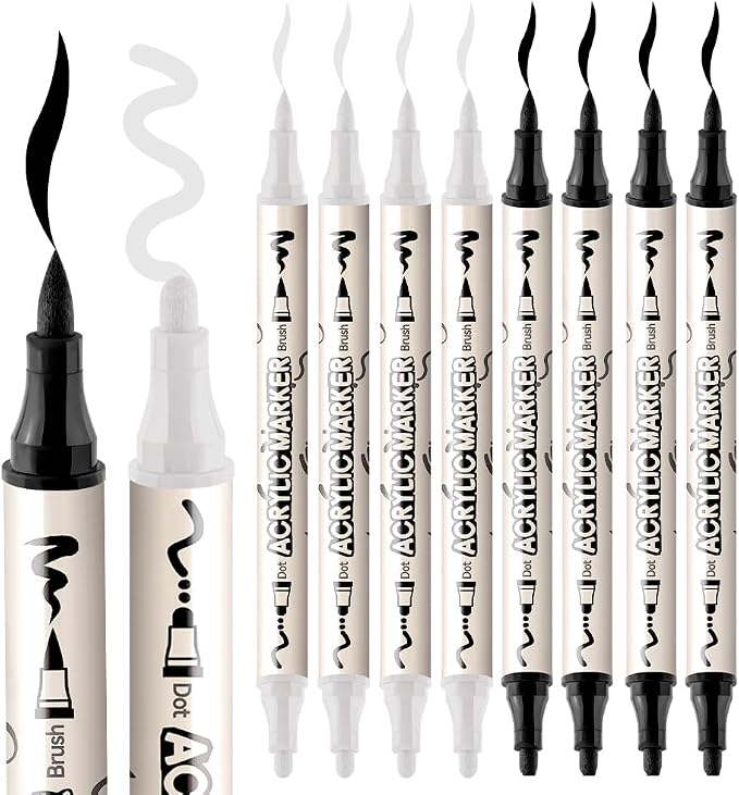 TRANSON 4 Black and 4 White Paint Markers Brush and Bold Dual-tip Acrylic Paint - Image 6