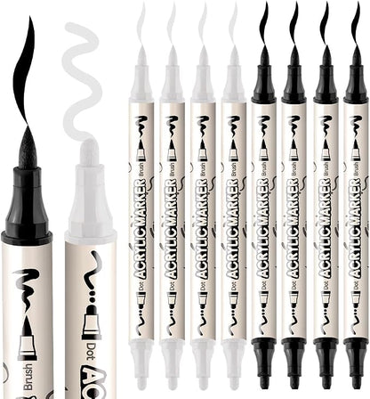 TRANSON 4 Black and 4 White Paint Markers Brush and Bold Dual-tip Acrylic Paint - Image 6