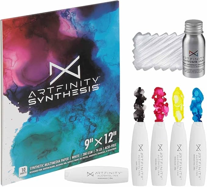 Alcohol Ink - CMYK Set, 7 Pieces | 10 Sheets 9x12 Multimedia Paper | Fast-Drying by Artfinity