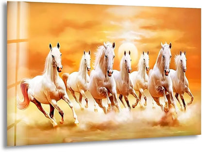 My Photostation.com 60WX40H'' White Horses Running on Sunset Glass Wall by MyPhotostation