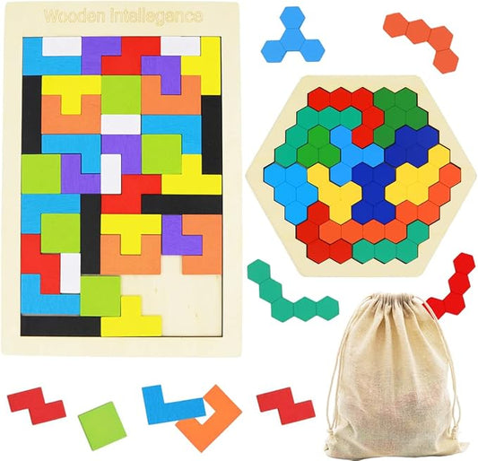 2 Pack Wooden Russian Blocks Puzzle + Hexagon Puzzles by Kiouposy