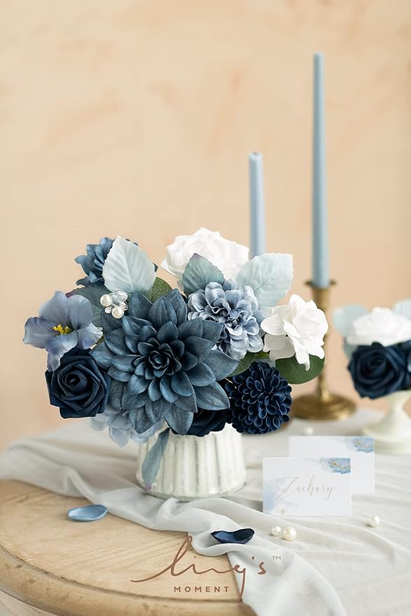 Ling's Moment Navy Blue Dahlia Foam Artificial Flowers Real Touch Faux Fake - Image 3