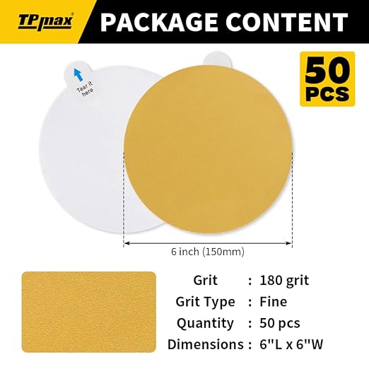 6-Inch 180-Grit Gold PSA Sanding Discs, 50 Pack – Pro-Grade Self-Adhesive - Image 2