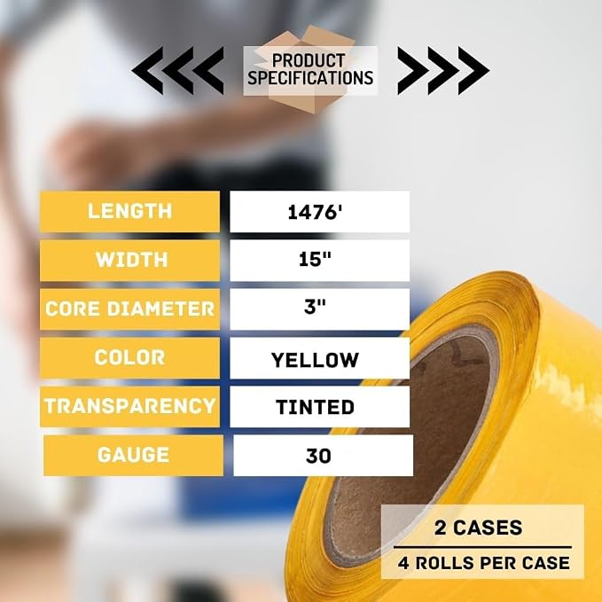 PSBM Yellow Stretch Wrap, 15 Inch x 1476 Feet, 8 Pack, Tinted Pre-Stretched - Image 3