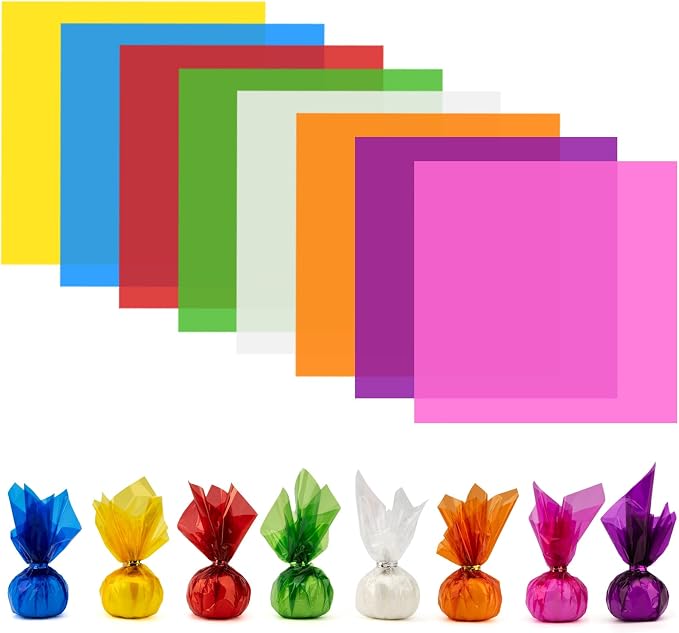 128 PCS Colored Cellophane Wrap Paper Treat Candy Small Gifts Wrapping Baskets by Unknown