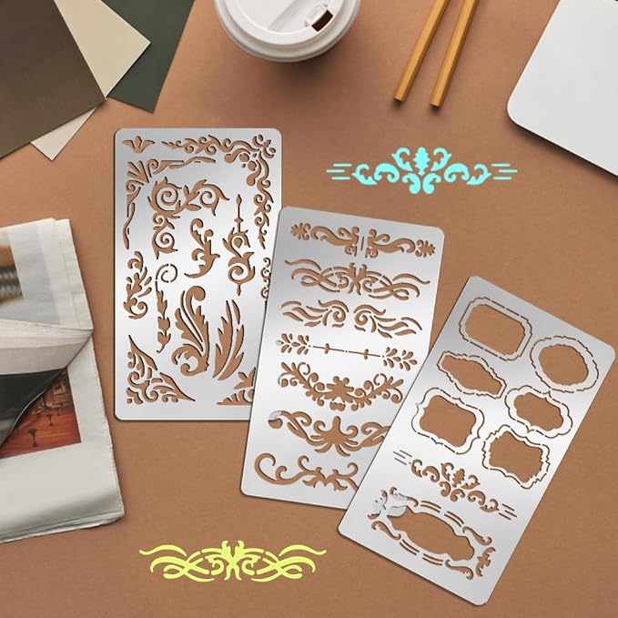 9PCS Metal Stencils Wood Burning Stencil Journal Border Stencils Letter Stencil - Image 5